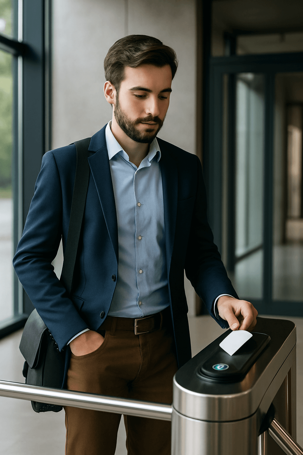 persona che passa un badge all'ingresso usando l'applicazione web realizzata dal nostro team di bergamo e milano